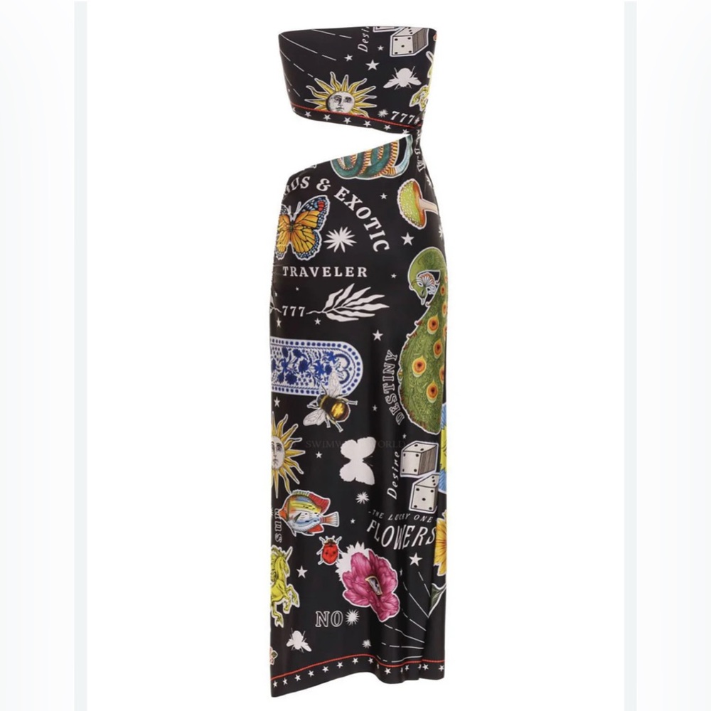 Agua Bendita Gwen Black Strapless Dress with Colorful Prints